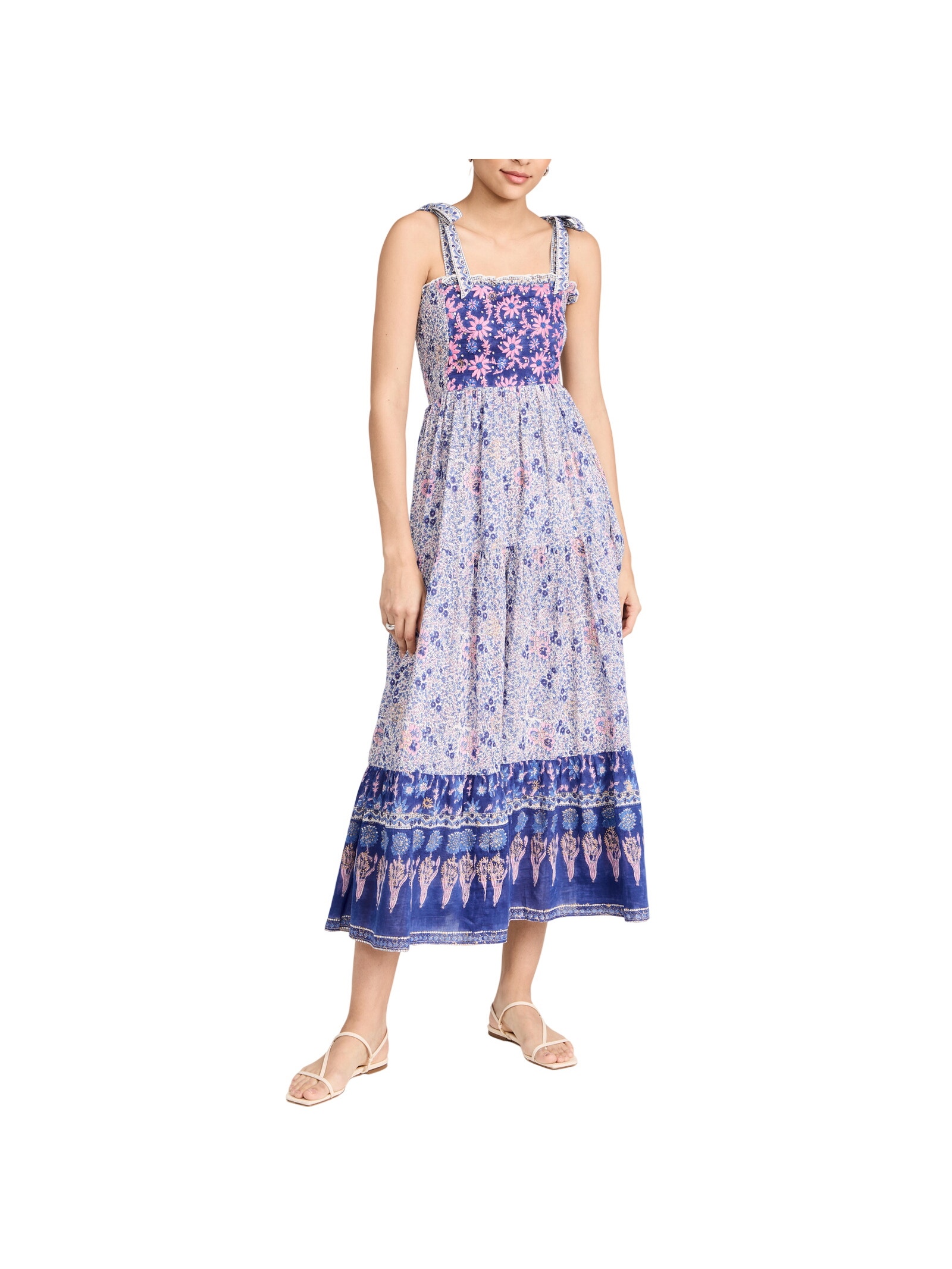 Bell Smocked Navy And Pink Print Midi Dress Size M